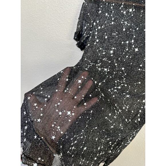 sheer black stars top rave sexy festival stretch short sleeve womens S metallic - Picture 2 of 4